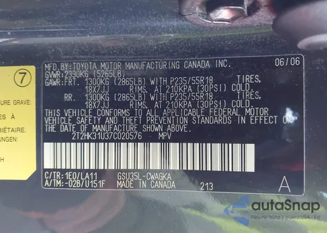 2007 Lexus Rx 350 from USA, damaged, VIN 2T2HK31U37C020576